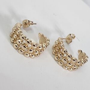 Gold 3 Row Bead Ball C Shape Hoop Earrings